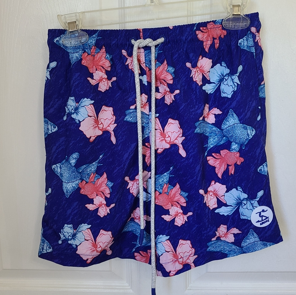 (2105) Uzzi Men's Swim Trunks, Floral pattern with Gold Fish, Dark Blue, Size: S